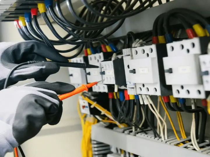 Electricista midiendo con un multímetro en un cuadro eléctrico